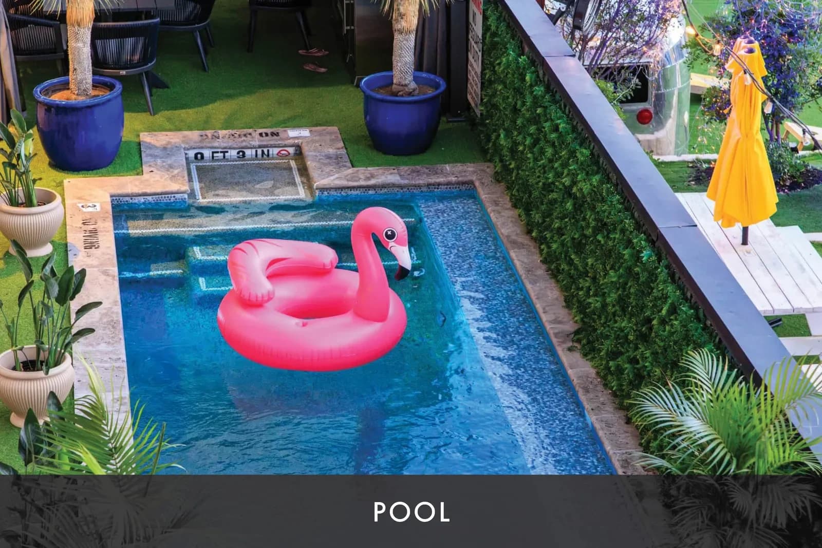 The pool at Inn Cahoots in Austin with a pink flamingo float