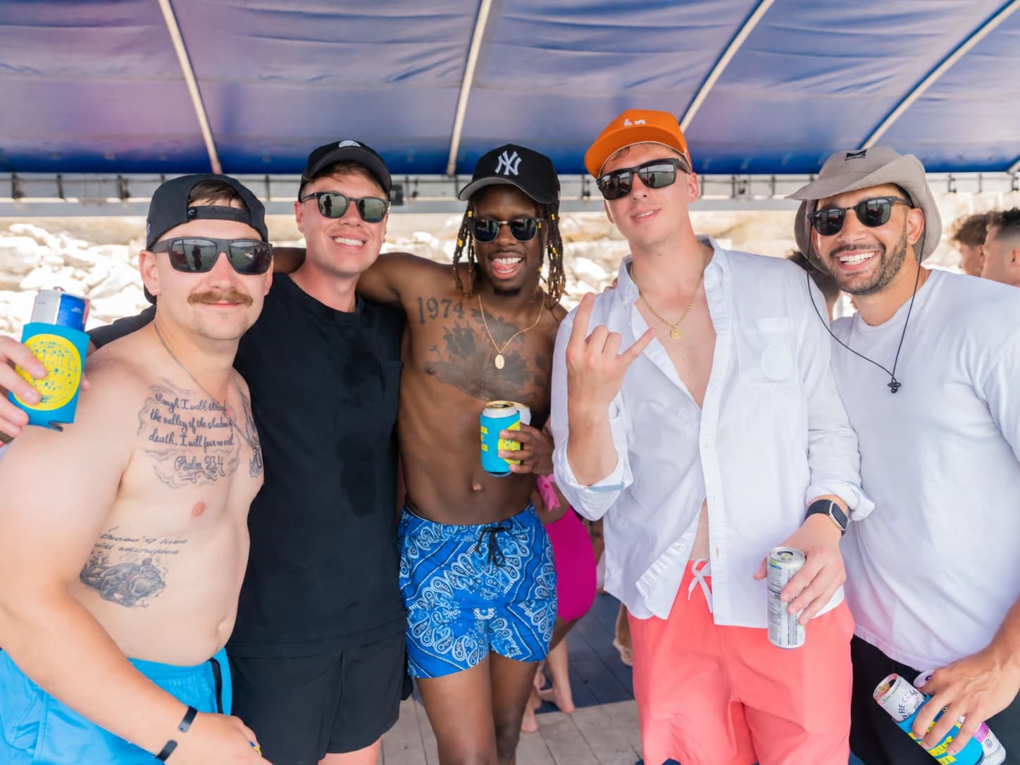 Five friends together aboard an Austin party boat