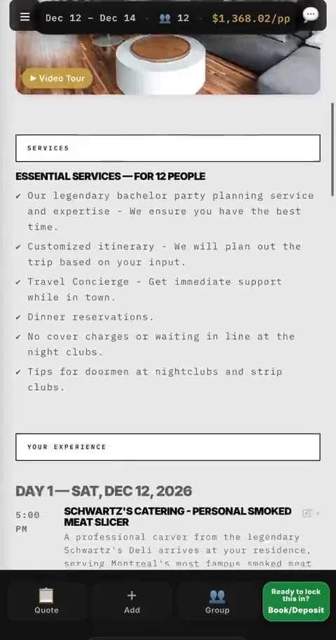 Connected trip portal showing a day-by-day itinerary and group pricing
